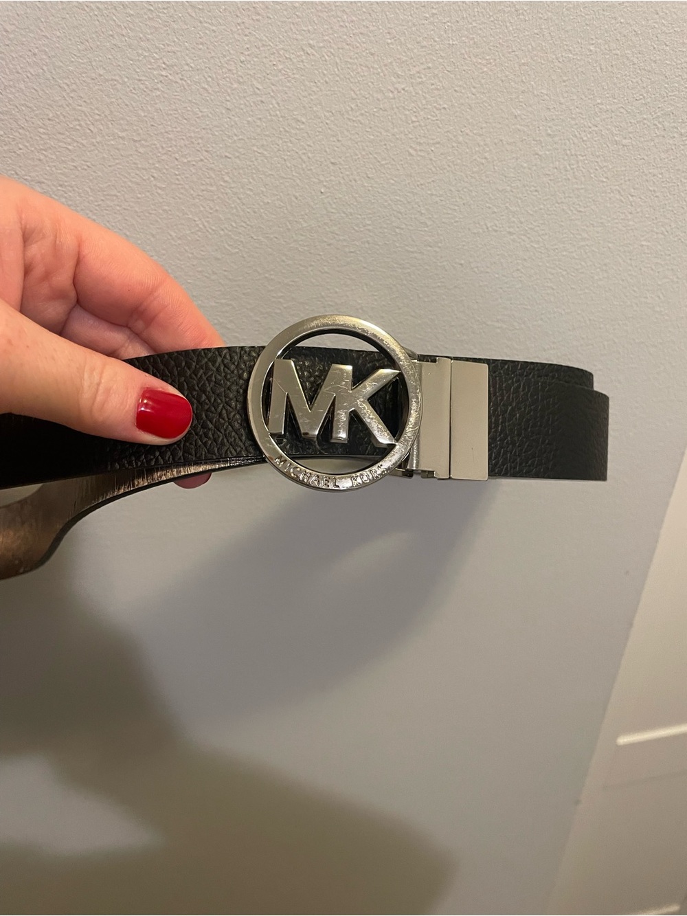 Michael Kors Black Leather Belt with Silver MK Circle Buckle